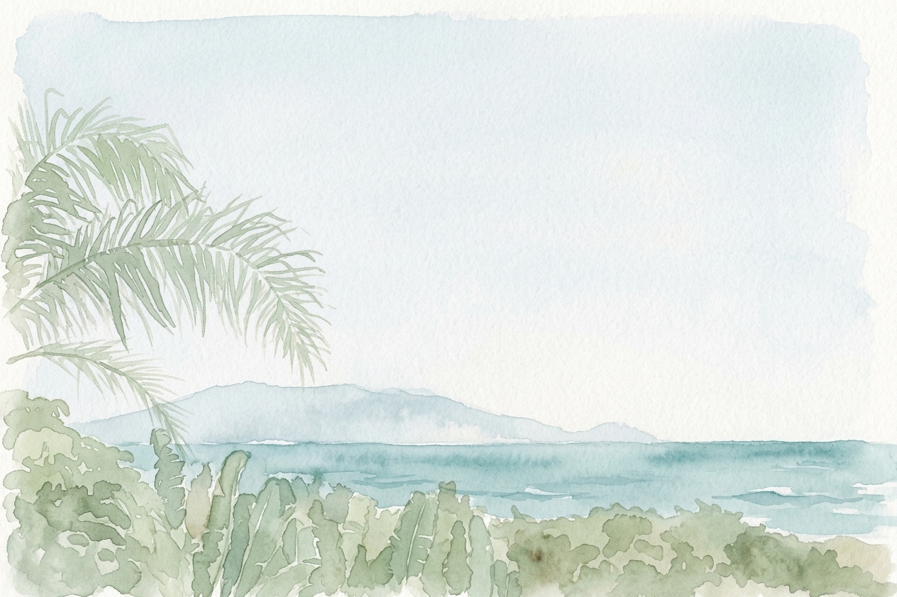 Aquarela do mar e da vegetação do Campeche, em Florianópolis