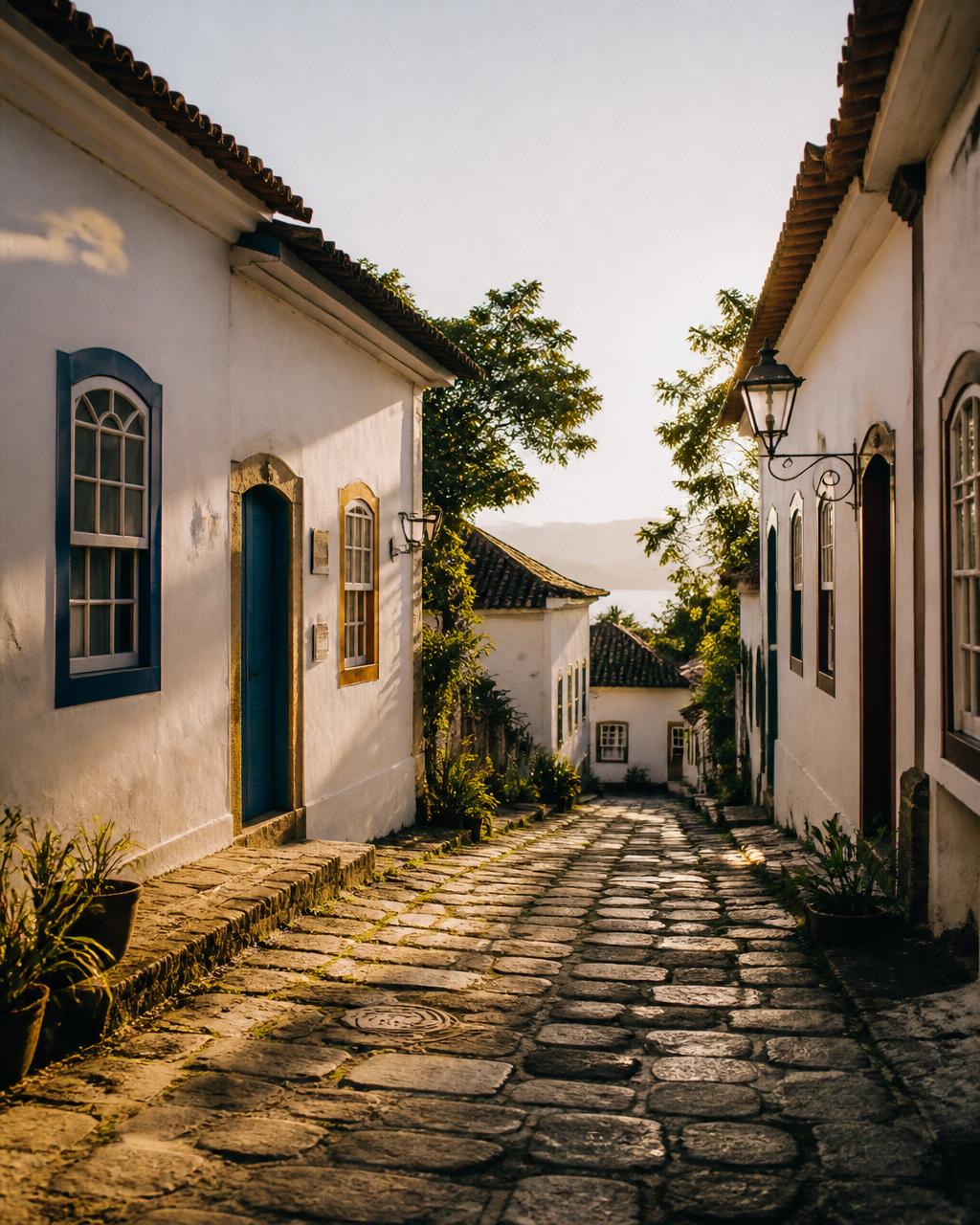 Rua de pedra com casas coloniais brancas em Florianópolis